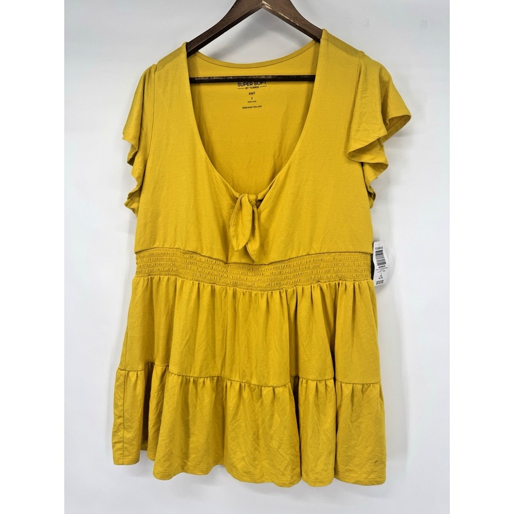 Torrid Super Soft Knit Babydoll Tunic Top Tie Front Yellow Plus 1 tiered stretch